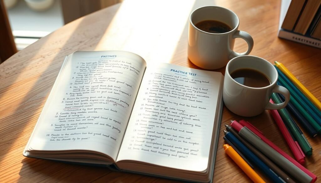 An open notebook filled with handwritten notes and practice TEAS test questions, surrounded by colorful pens and highlighters, with a cup of coffee steaming beside it, on a wooden desk. Natural light streaming through a nearby