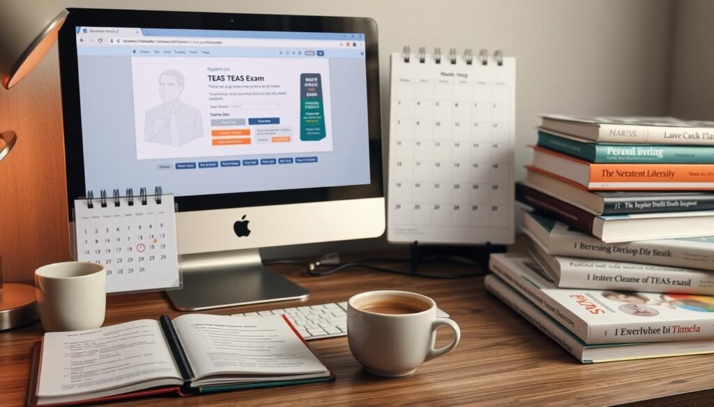 A serene study space featuring a computer with a registration webpage for the TEAS exam open, a calendar marked with important dates, a notepad with notes and study plans, a cup of coffee, and nursing textbooks