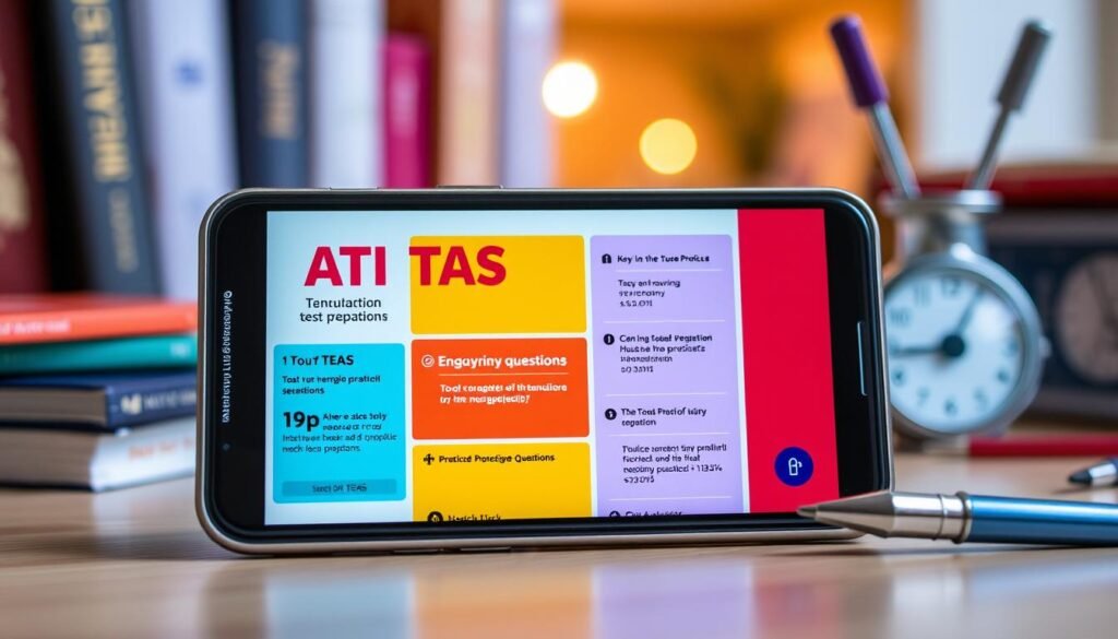 A modern smartphone displaying a vibrant and interactive ATI TEAS test preparation app, with colorful study materials and engaging practice questions on the screen, set against a cozy study environment featuring books,