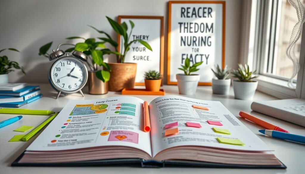 A serene study space featuring an open book with colorful diagrams and notes on ATI TEAS nursing concepts, a neatly organized desk with highlighters and sticky notes, a clock ticking softly in the background, natural light streaming through a window illuminating a motivational poster about success, plants adding freshness to the environment,