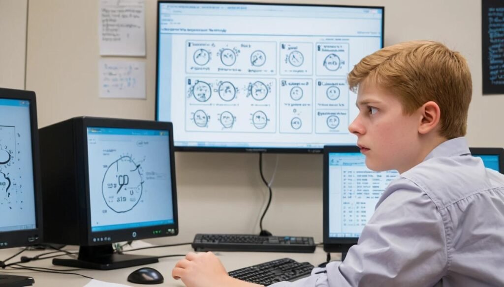 A student in a testing room, visibly nervous, glancing at a timer on a computer screen, with thought bubbles illustrating stressors like "Time Pressure," "Difficult Questions," and "Test Anxiety.