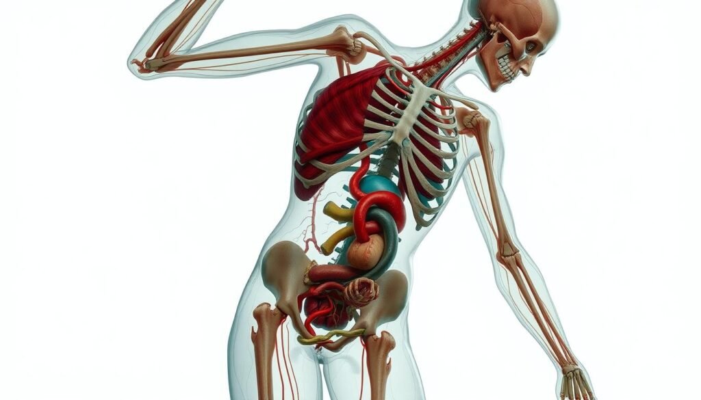 A detailed and intricate illustration of human anatomy, showcasing the muscular, skeletal, and circulatory systems in a dynamic pose, with transparent layers revealing internal organs and structures, under a soft light that highligh