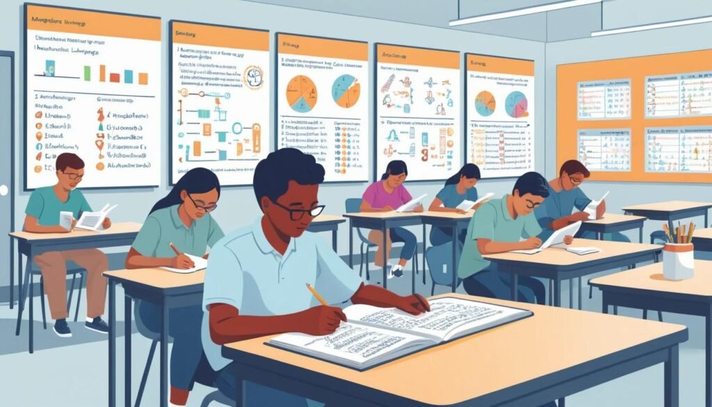 A detailed illustration of a student taking the ATI TEAS exam in a bright, well-lit testing center, with visible sections labeled: Reading, Mathematics, Science, and English Language Usage, each represented by icons like a book, a calculator, a flask, and a pencil.