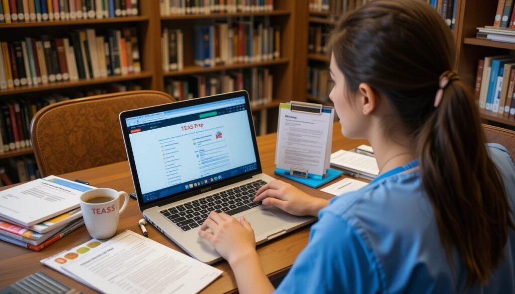 A nursing student in a library, using a laptop with the on-screen calculator visible, surrounded by TEAS prep materials like guides, mock test papers, and a cup of coffee.